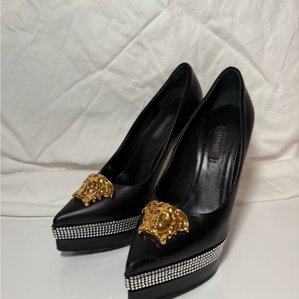 Versace Black and Gold Heels with Ornamental Medallion